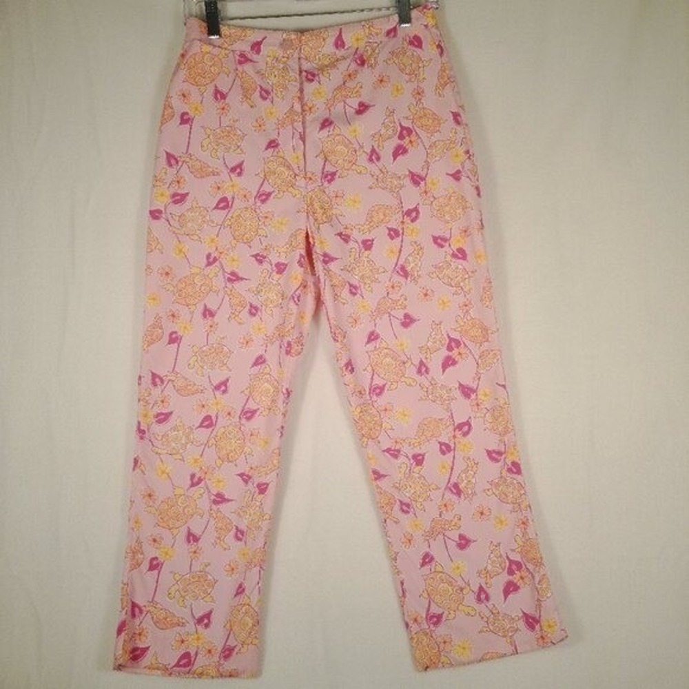 Lilly Pulitzer Pink‎ Turtle Floral Print Capri Pants Size 4 Resort Wear